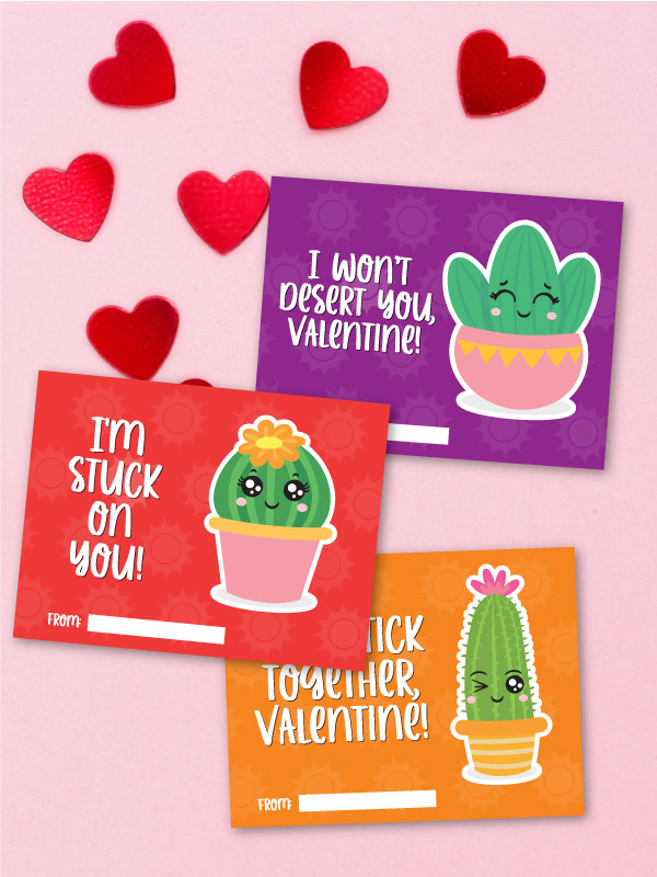 three examples of the printed cactus valentine card