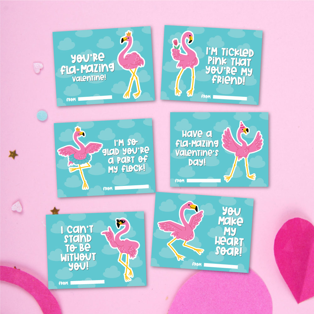 printable flamingo Valentine cards for kids