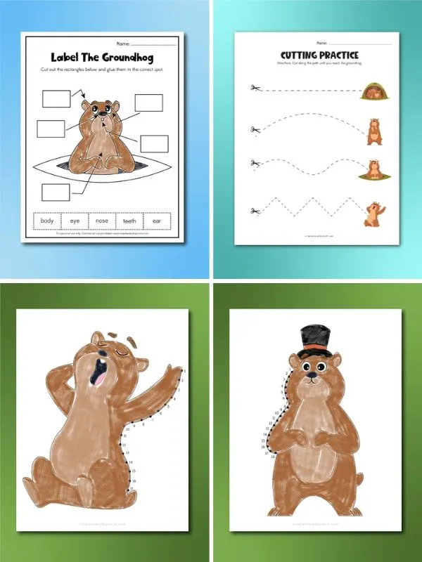 collage of printable groundhog day activities