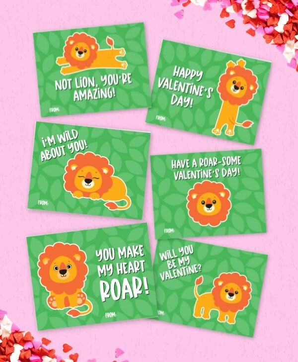 printable lion Valentine's Day cards for kids
