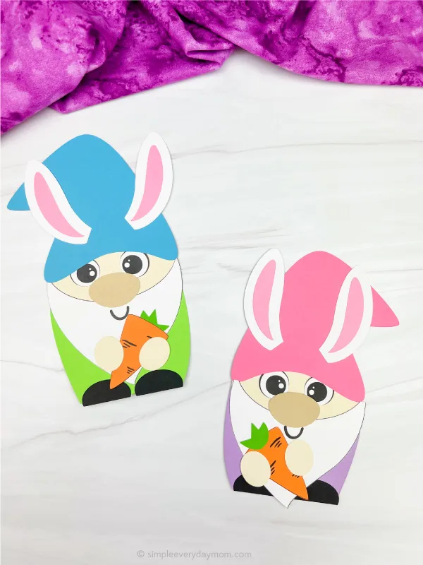 two side by side finished examples of bunny gnome