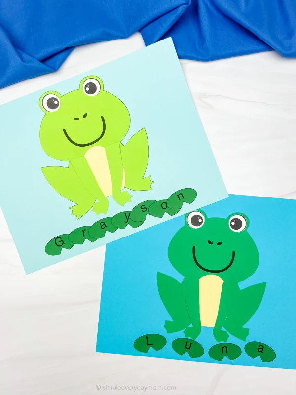 two finished examples of frog name craft