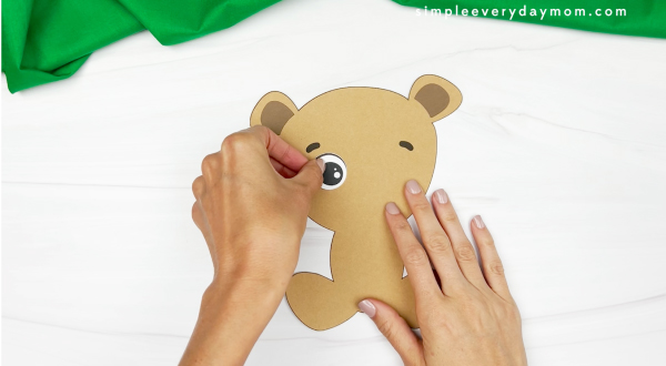hands gluing eyes onto teddy bear face