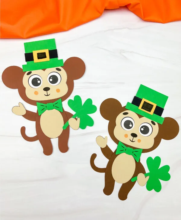 two side by side examples of finished leprechaun monkey craft