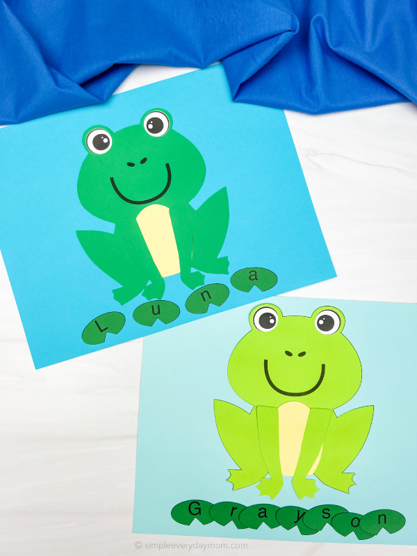 two examples of finished frog name craft