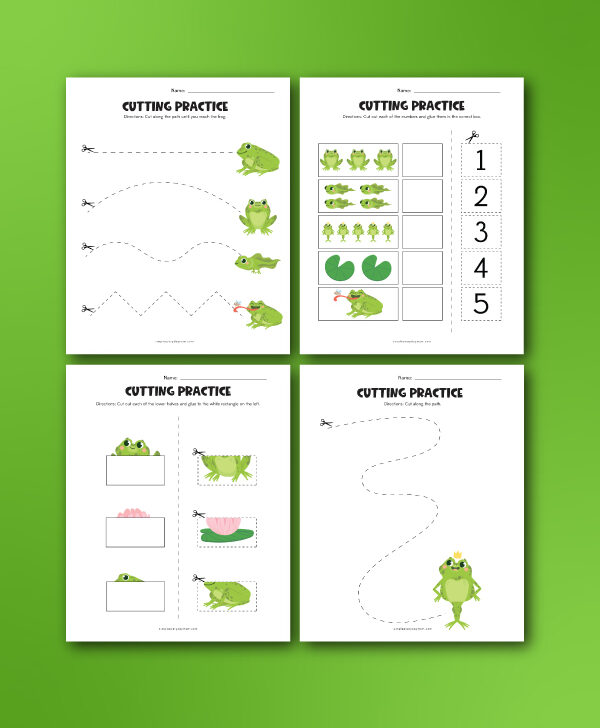 frog cutting practice worksheet collage