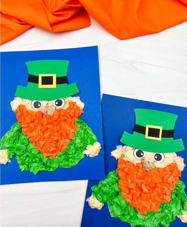 two side by side examples of tissue paper leprechaun