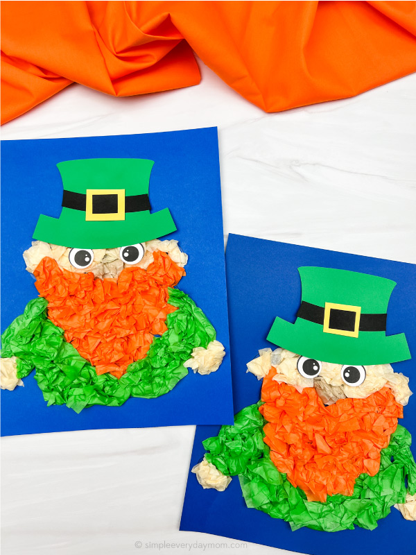 two side by side examples of tissue paper leprechaun