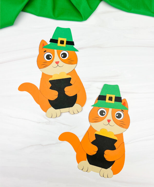two side by side examples of finished cat leprechaun craft