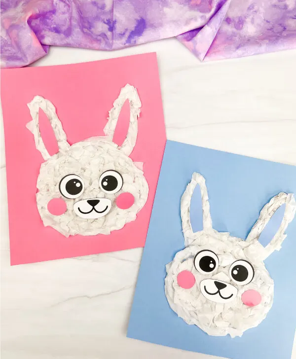 two examples side by side of tissue paper bunny craft