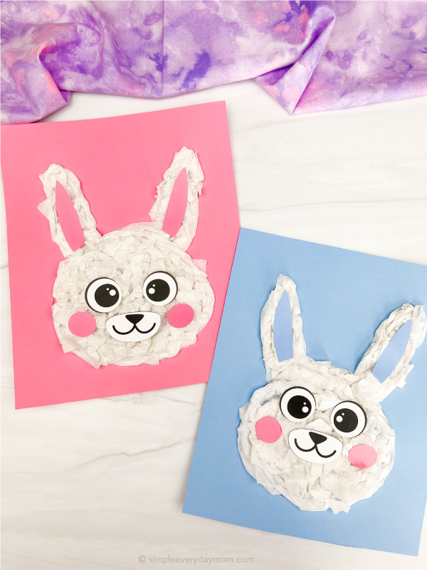 two examples side by side of tissue paper bunny craft