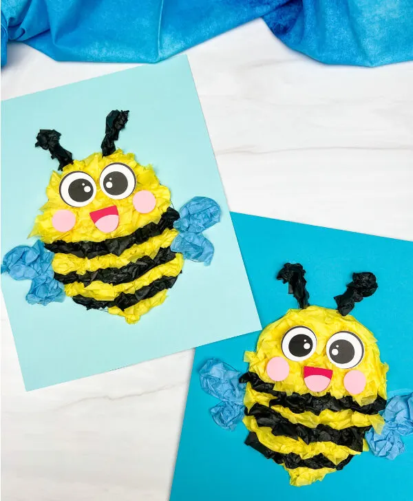 two side by side examples of tissue paper bee craft