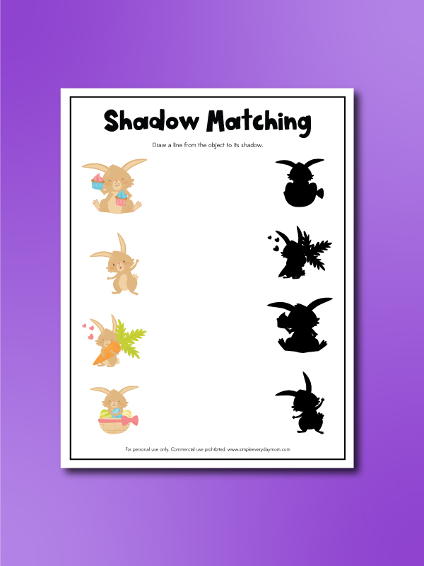 Easter bunny activity pages shadow matching
