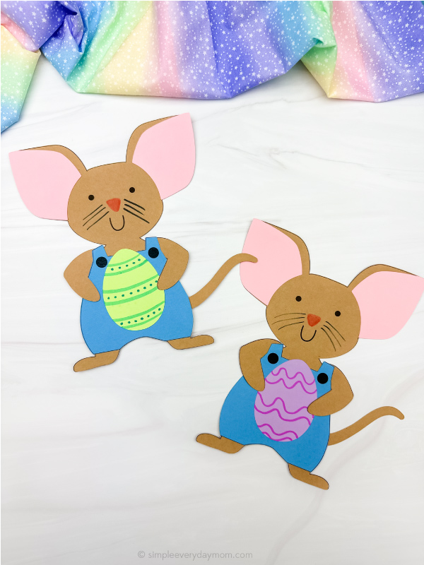 two side by side examples of happy easter mouse craft finished