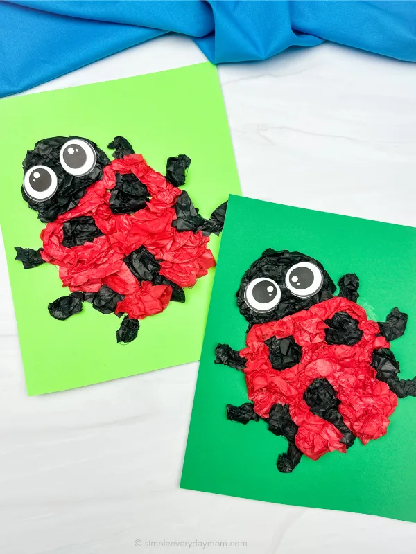 two examples side by side of ladybug tissue paper craft