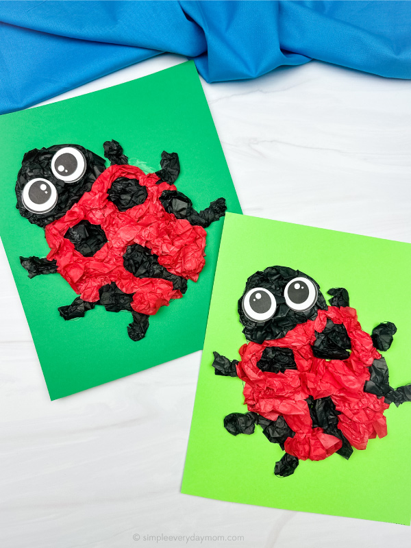 two examples of finished ladybug tissue paper craft
