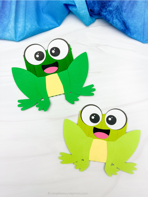 two examples of finished popsicle stick frog craft side by side