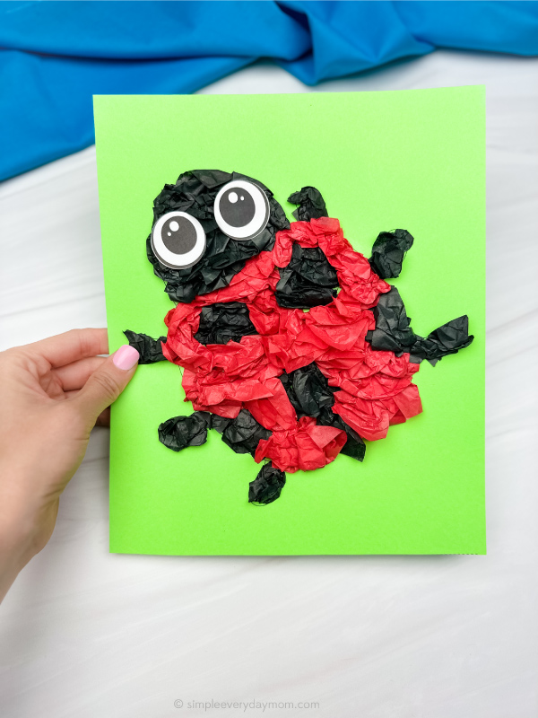hand holding finished ladybug tissue paper craft