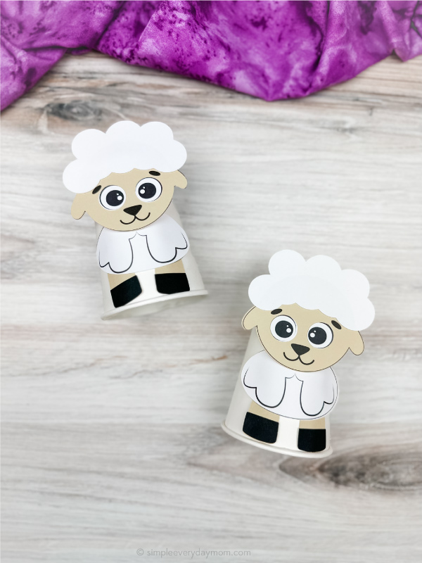 two side by side examples of sheep paper cup craft