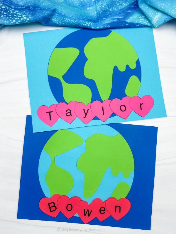 two finished examples of earth day name craft
