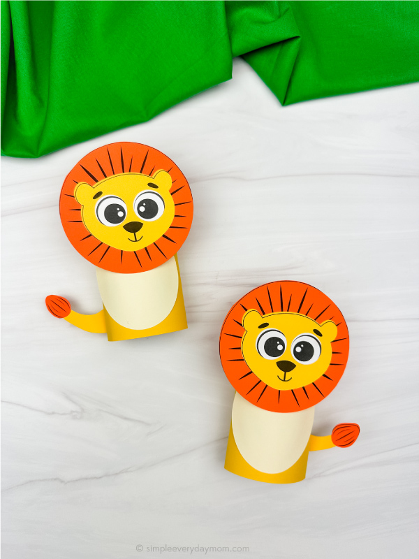 two examples of finished lion toilet paper roll craft