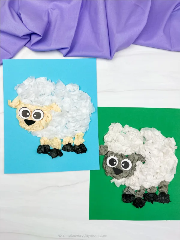 two examples of finished sheep tissue paper craft