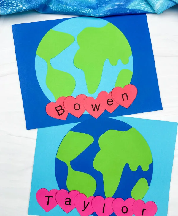 two examples of finished earth day name craft