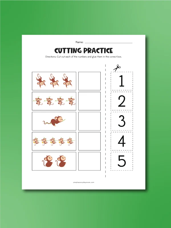 Monkey scissor worksheets number match