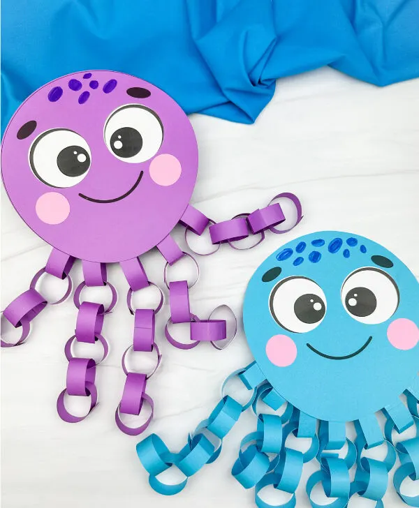 two side by side examples of paper chain octopus craft