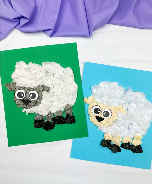two side by side examples of sheep tissue paper craft