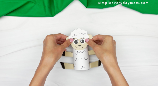 hands gluing sheep face to body