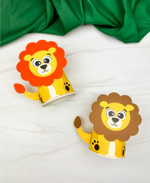 two side by side examples of lion paper cup craft