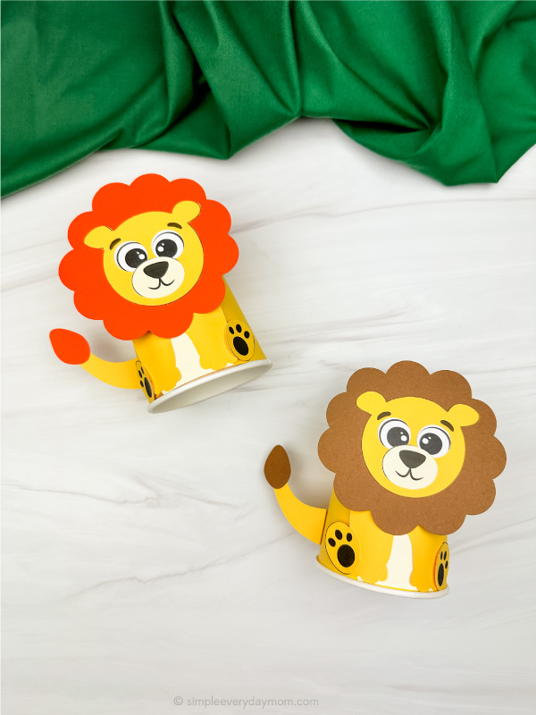 two side by side examples of lion paper cup craft