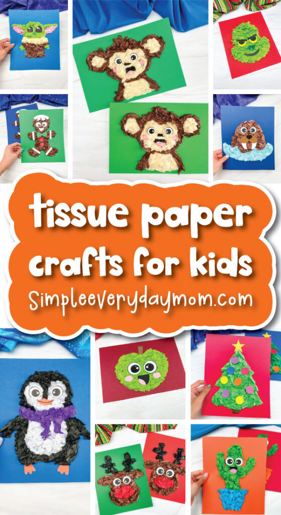 tissue paper crafts image collage with the words tissue paper crafts for kids in the middle