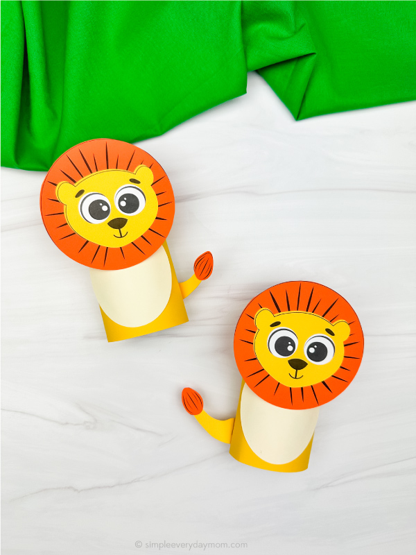 two side by side examples of lion toilet paper roll craft