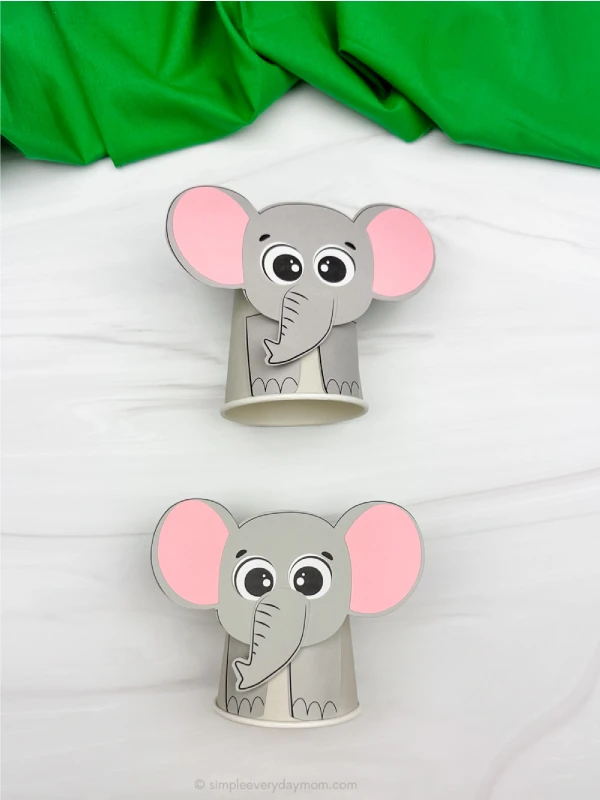 two examples of finished elephant paper cup craft