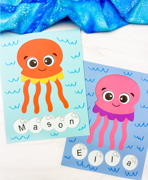 two side by side examples of finished jellyfish name craft