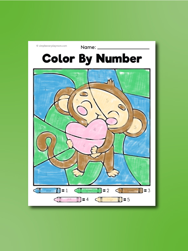 monkey color by number monkey hugging heart