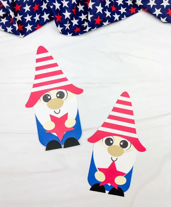 two side by side examples of patriotic gnome craft