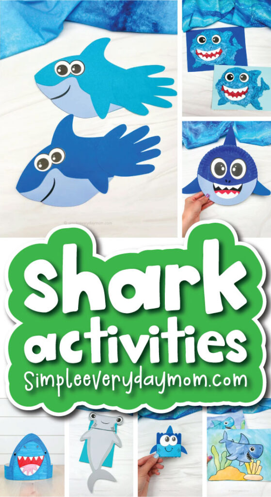 shark crafts and printables for kids image collage with the words shark activities