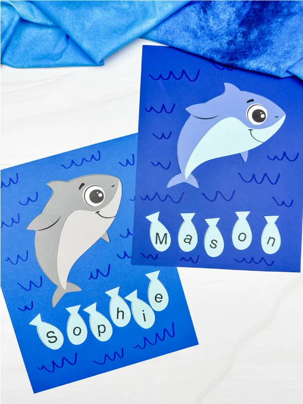 two side by side examples of shark name craft