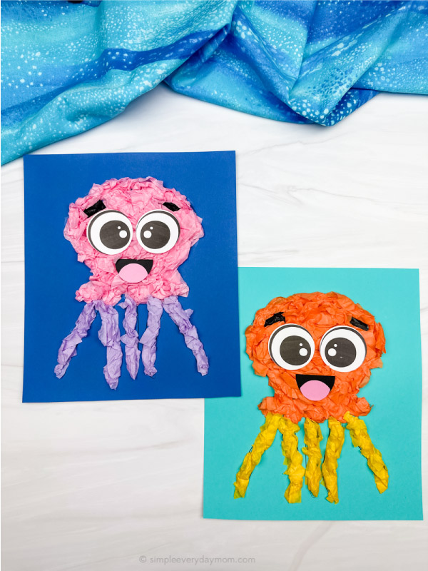 two images of tissue paper jellyfish craft