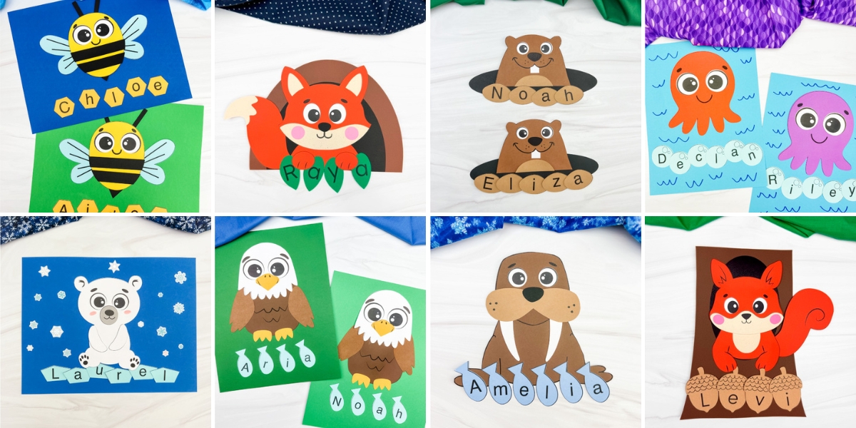 Grid of animal-themed paper name crafts, including bees labeled “Chloe” and “Alex,” a fox labeled “Rayna,” beavers labeled “Noah” and “Eliza,” and ocean animals labeled “Declan” and “Riley.”