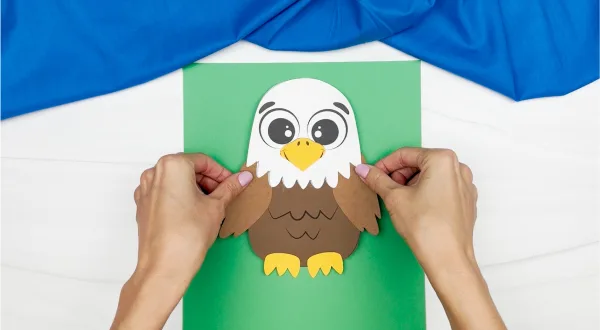 hands gluing finished eagle onto green paper
