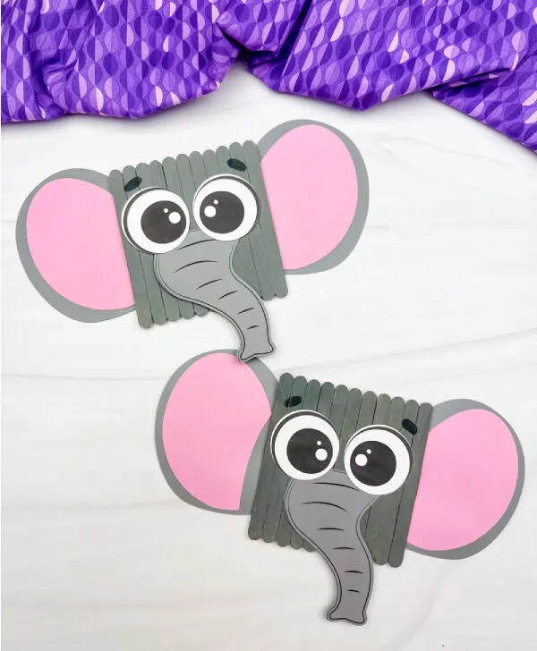 two side by side examples of popsicle stick elephant craft