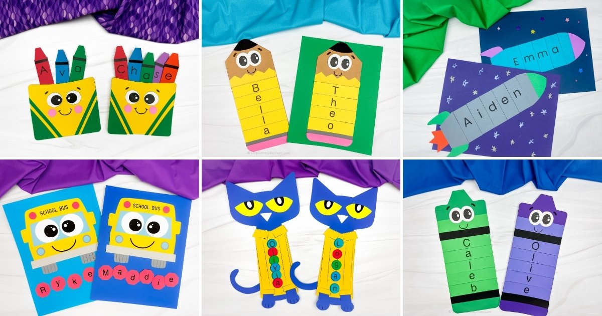 Collage of colorful paper name crafts featuring animals, seasonal themes, and objects like rockets, buses, and apples, each displaying a child’s name spelled in cutout letters.