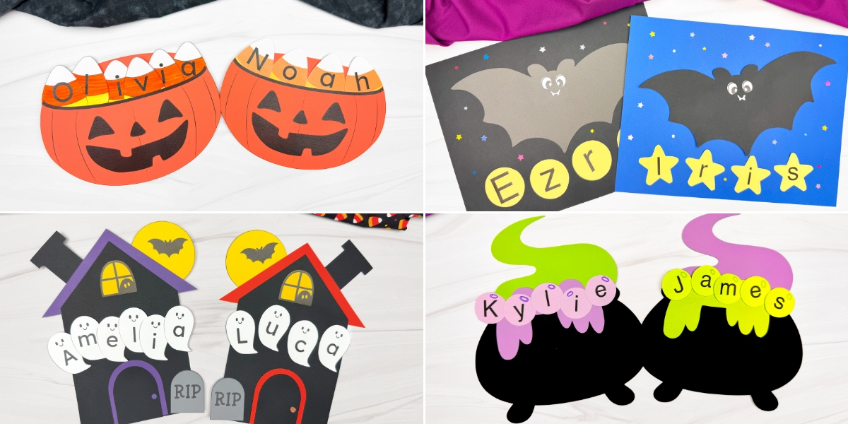 Grid of Halloween-themed paper name crafts, including jack-o’-lanterns labeled “Olivia” and “Noah,” bats labeled “Ezra” and “Iris,” haunted houses labeled “Amelia” and “Luca,” and cauldrons labeled “Kylie” and “James.”