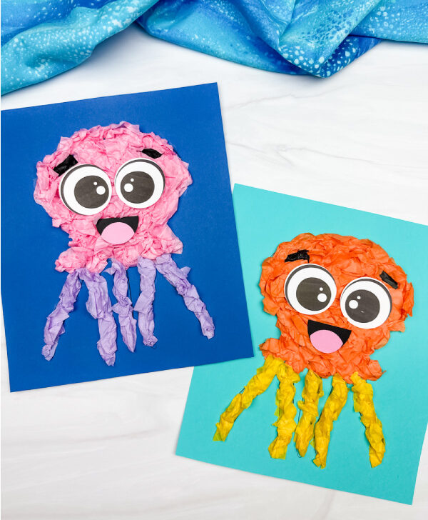 two side by side images of tissue paper jellyfish
