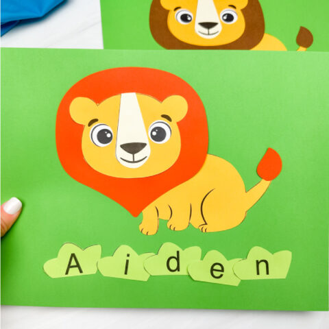 hand holding finished lion name craft example