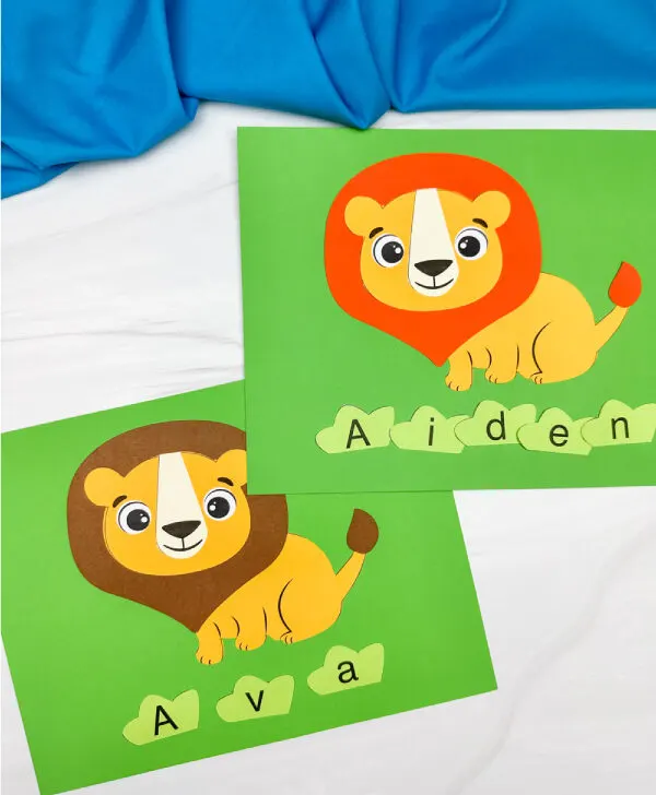 two side by side examples of finished lion name craft